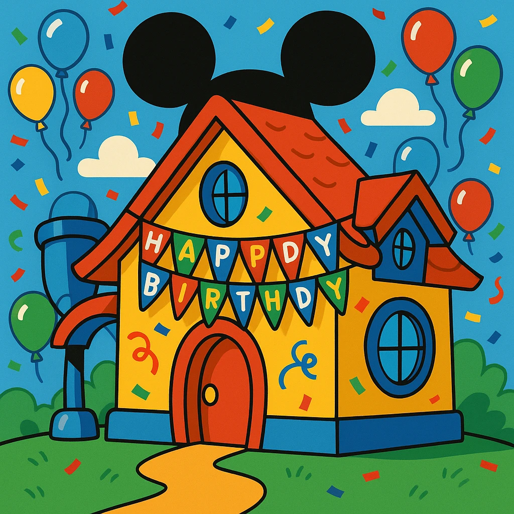 Mickey Mouse inspired house, birthday celebration, vibrant colors, cartoon style emoji