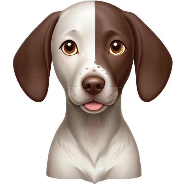 Cinematic Cute German Pointer Portrait Emoji, Head tilted playfully and inquisitively, showcasing a smooth liver and white coat with a healthy sheen, round, sparkling brown eyes filled with curiosity, Simplified yet irresistibly adorable features, highly detailed, glowing with a warm, friendly glow, high shine, affectionate and spirited, stylized with a touch of whimsy, bright and endearing, soft glowing outline, capturing the essence of a mischievous yet loving companion, so playful it feels like it could dash out of the screen and into your arms! emoji
