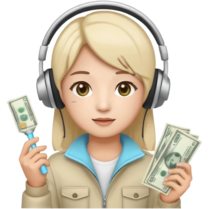 cute emoji style illustration of a K-pop fan holding a bright lightstick in one hand and cash money bills in the other hand, wearing a large headset on the head, round face, simple eyes, flat vector style, soft colors, transparent background, clean outline emoji