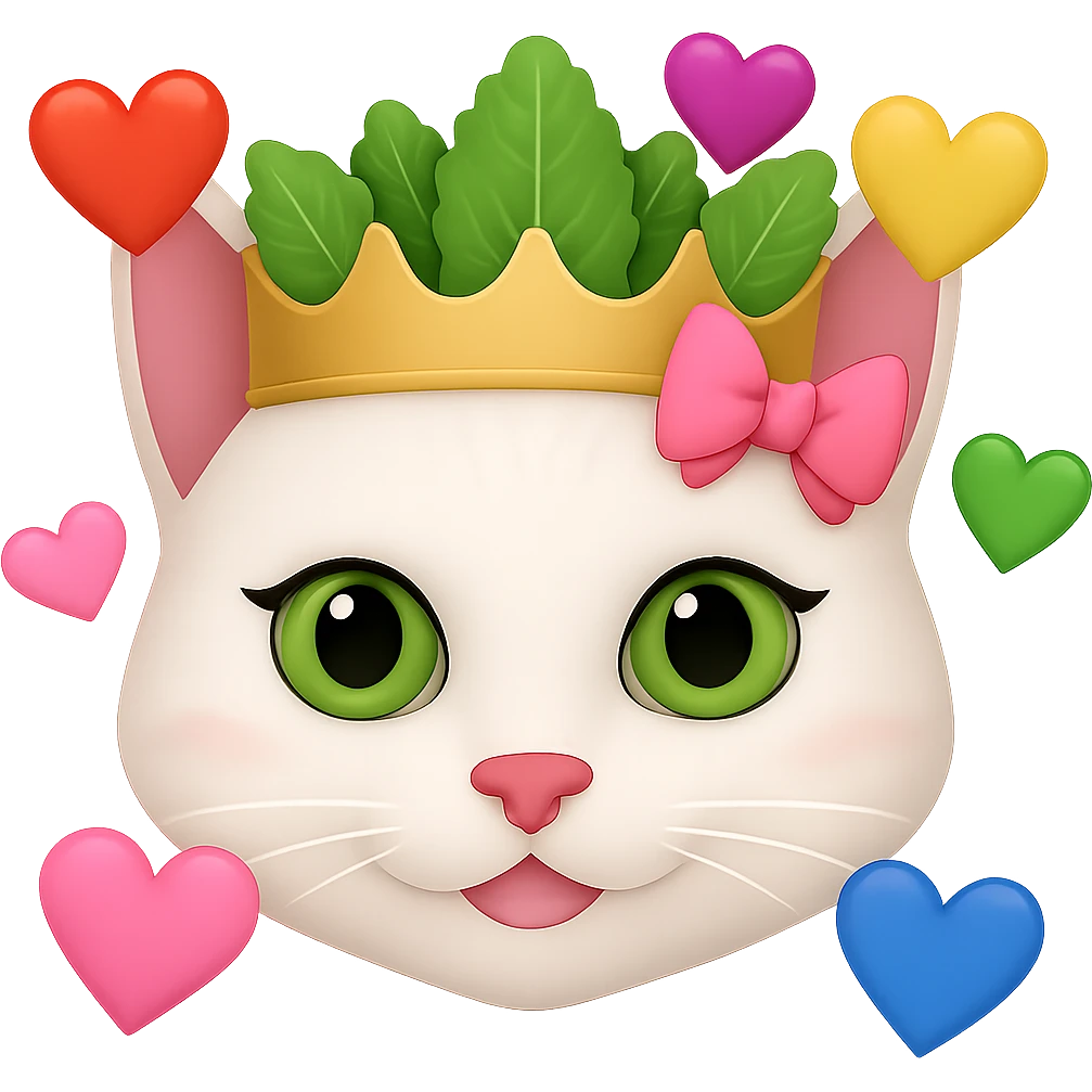 Make the hearts larger around the white cat with a pink bow and a green lettuce crown in the style of emoji. Remove the background. emoji