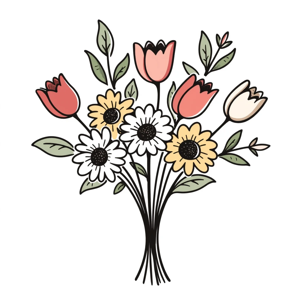 a bouquet with a variety of different flower types including roses, tulips, daisies, sunflowers, and lilies with stems and leaves in pastel colors dd9fb0, ffc6d3, a3bfc9, c4bee2, f1b091, detailed hand-drawn doodle style emoji