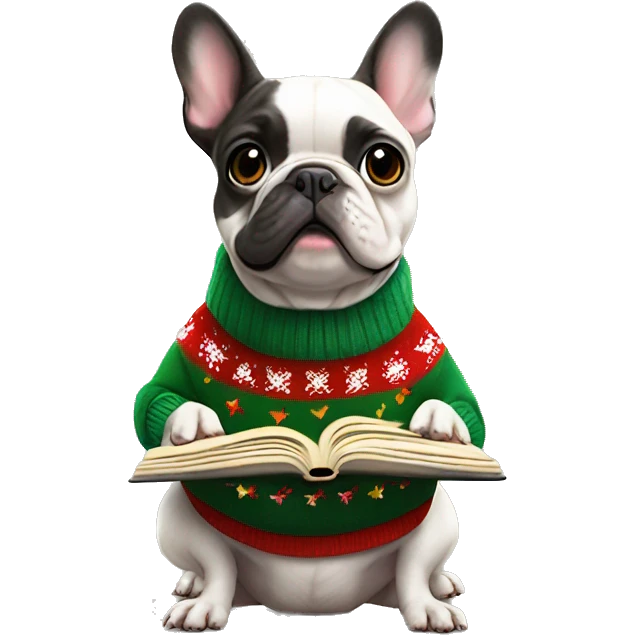 French bulldog wearing a Christmas sweater and holding a songbook, with musical notes floating around emoji