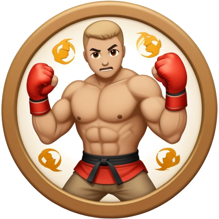 An emblem-style emoji symbolizing striking martial arts. The design features a stylized fighter in a dynamic stance, delivering a powerful punch, surrounded by a circular border with traditional elements like fists and combat symbols. Bold, clean lines with contrasting colors. emoji