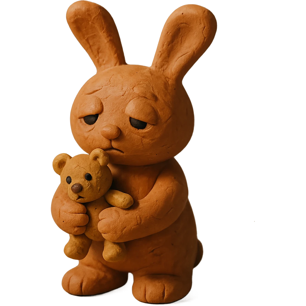 caramel bunny holding teddy bear, eyes drooping, claymation style emoji