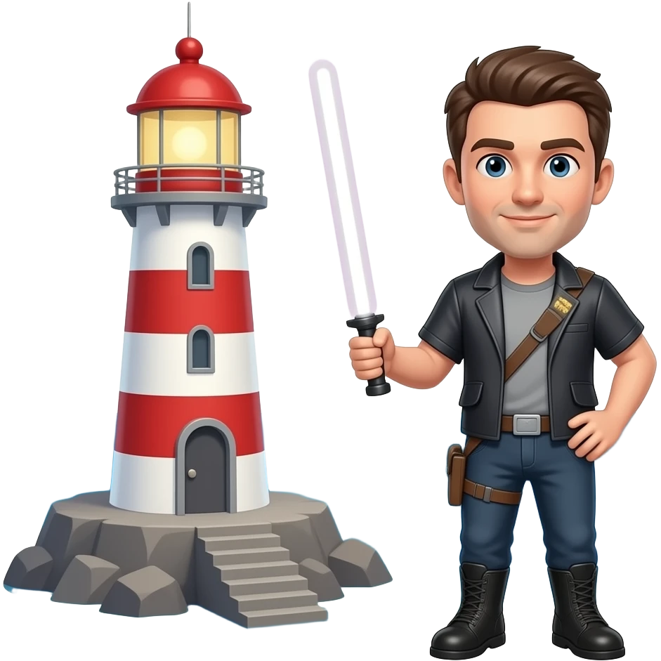 super emojis.com bro close to a lighthouse 3d close to the ocean with star wars emoji
