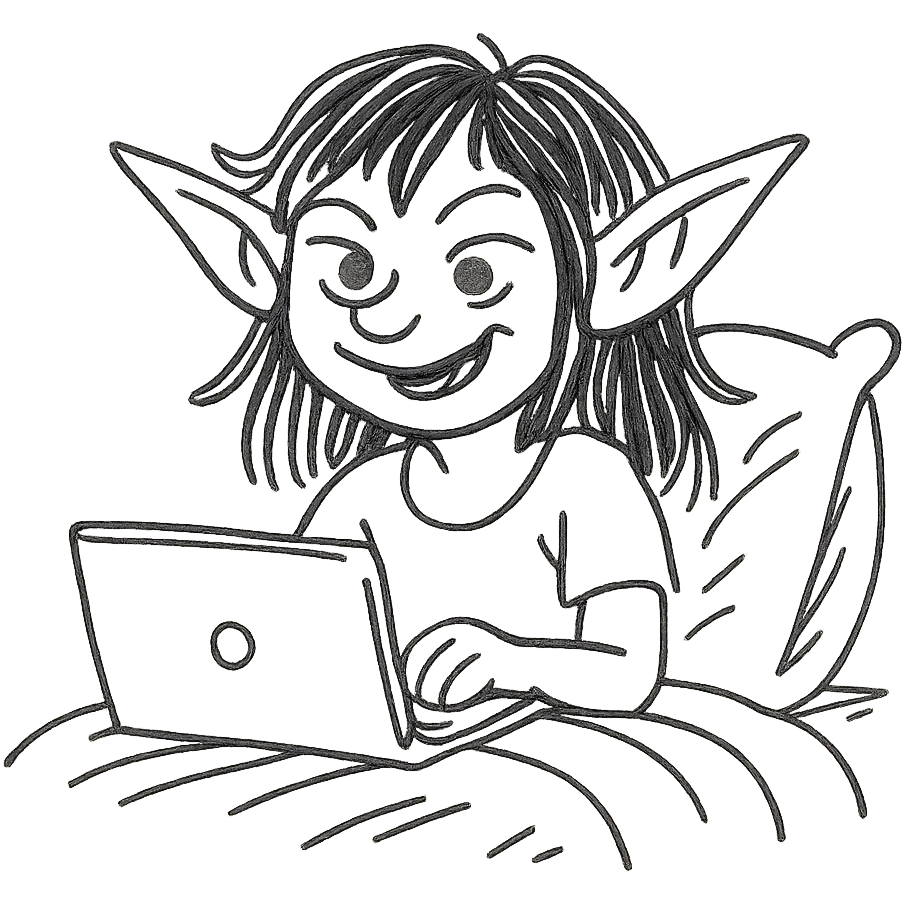 hand-drawn sketch style gremlin girl with dark brown hair, pretending to work from bed, playful, minimal background emoji