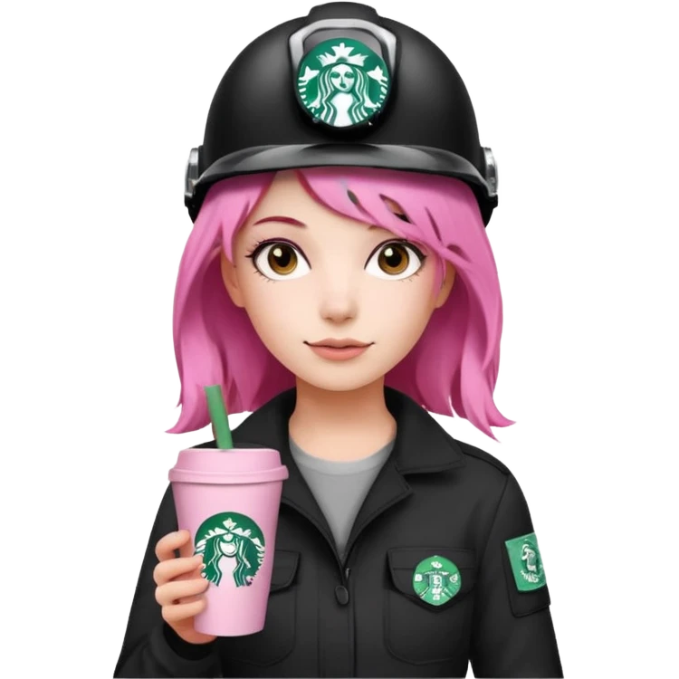 сделай молодую девушку с розовыми волосами, накрашенную красиво, с стаканчиком кофе из старбакса и в каске  emoji