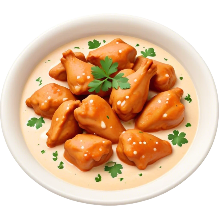 Butter Chicken Cinematic Realistic Butter Chicken Dish Emoji, depicted as tender chicken pieces sliced up and bathed in a creamy white sauce garnished with fresh cilantro, rendered with rich textures and vibrant, appetizing lighting. emoji