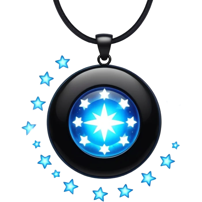 floating polished black onyx pendant, glowing with radiant blue energy, surrounded by tiny stars emoji