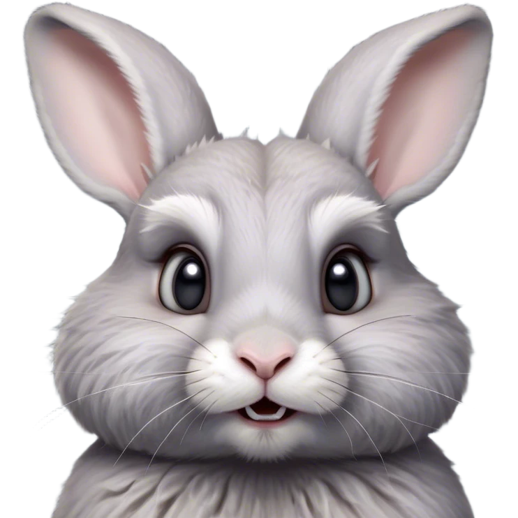 Cinematic Comical Grey Rabbit Portrait Emoji, Head tilted dramatically with an exaggeratedly amused expression, featuring a striking grey fur with subtle textures, wide, expressive grey eyes filled with playful disbelief, Simplified yet hilariously expressive features, highly detailed, glowing with a slightly sassy glow, high shine, dramatic yet playful, stylized with an air of cheeky mischief, bright and endearing, soft glowing outline, capturing the essence of a spirited and over-the-top bunny, so meme-worthy it feels like it could side-eye its way into internet fame instantly! emoji