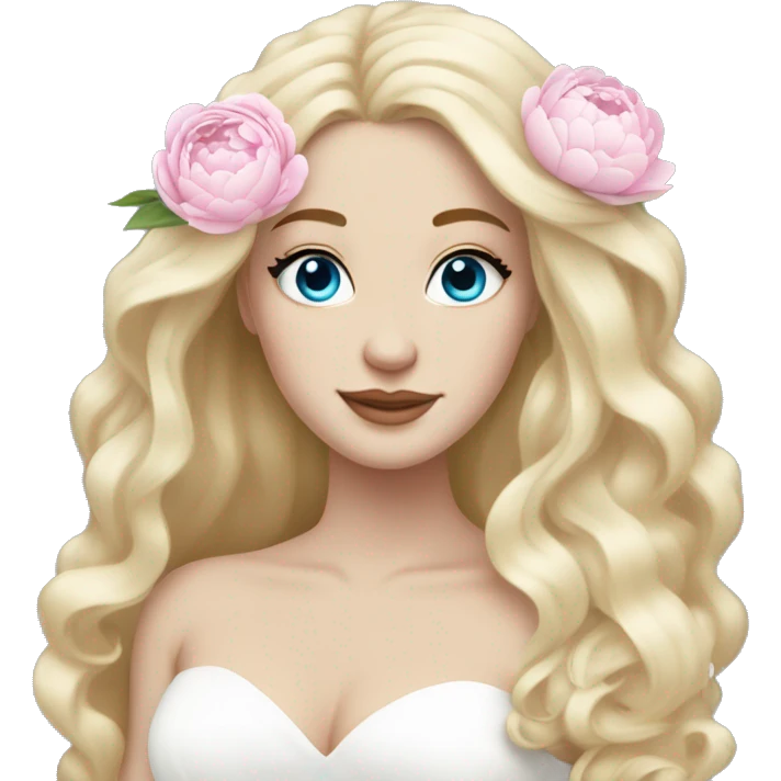 White bride with long light blonde hair and blue eyes with light pink peonies in hair white skin  emoji