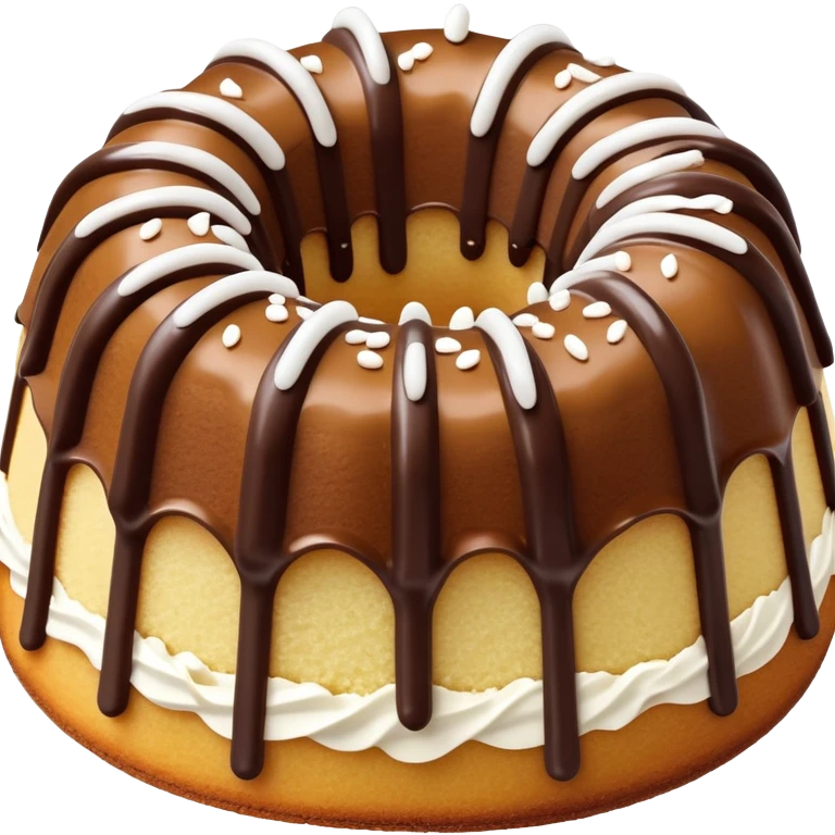 vanilla bundt cake with chocolate frosting and white sprinkles emoji