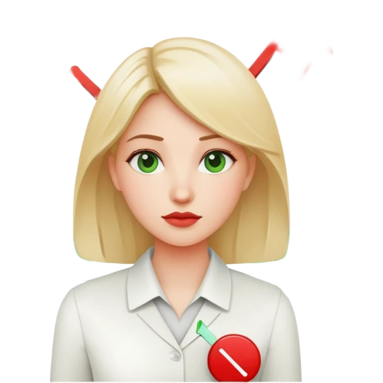 Female character displaying two small charts, green upward trending graph in right hand, red downward trending graph in left hand emoji