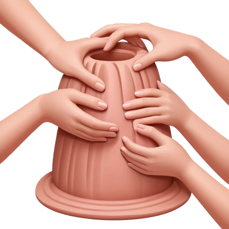 hands gently hugging a pink clay mound to maintain moisture and prevent cracks, palm hug pottery technique emoji