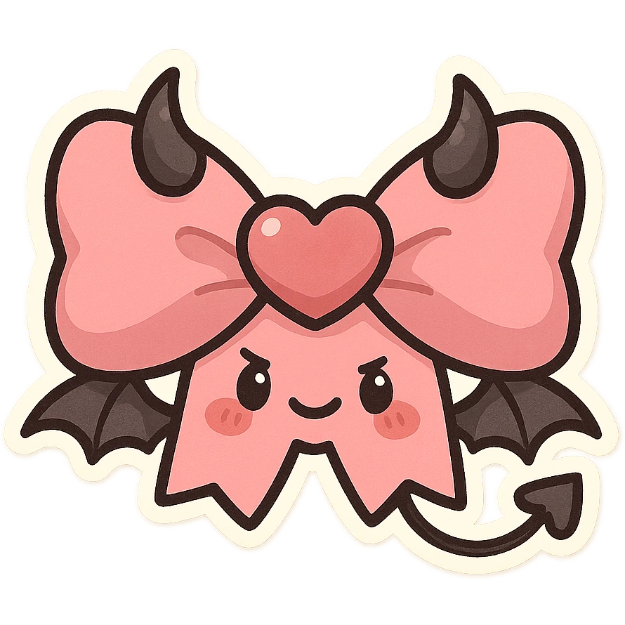 devil bow, chibi style, pink and black colors, tiny horns, heart-shaped center, cute but mischievous, bat wings emoji
