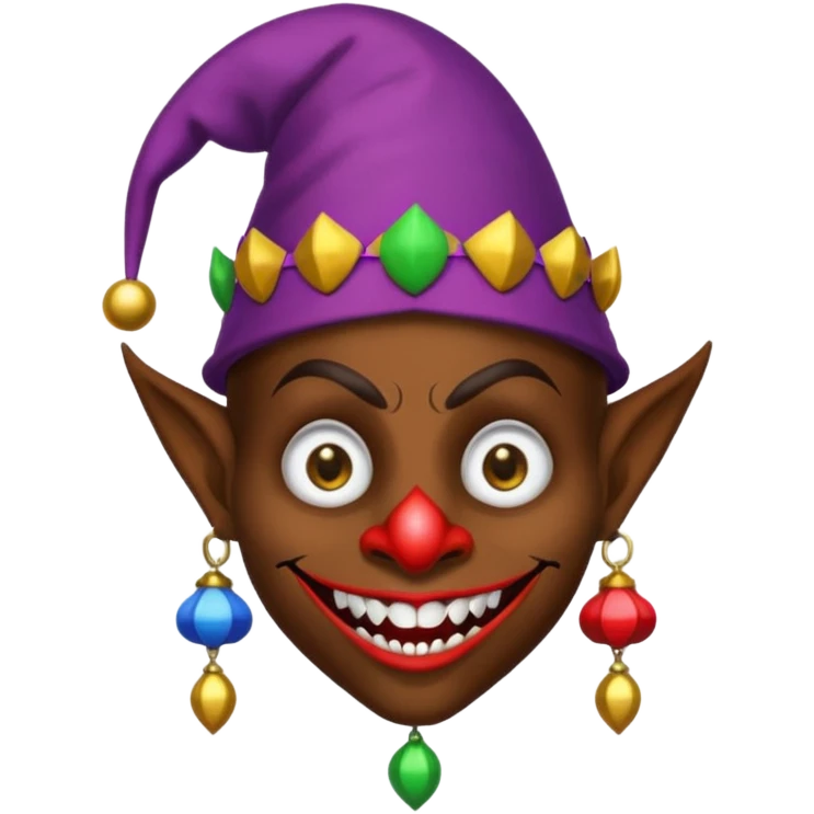 Dark brown skin medieval jester with white eyes and fangs emoji
