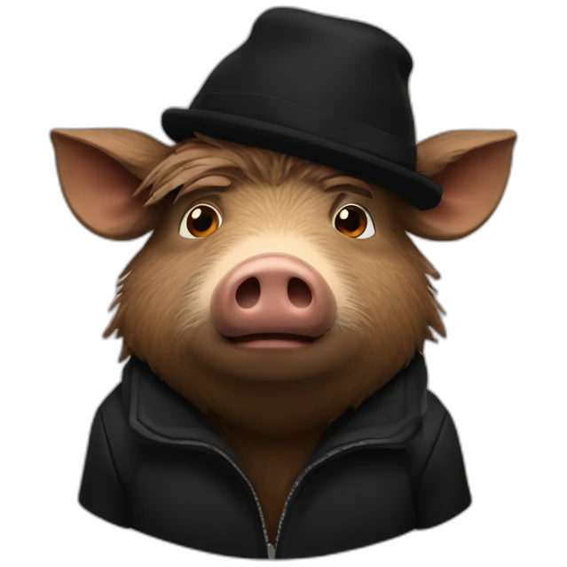 Really sad brown boar in a black winter hat and black jacket emoji