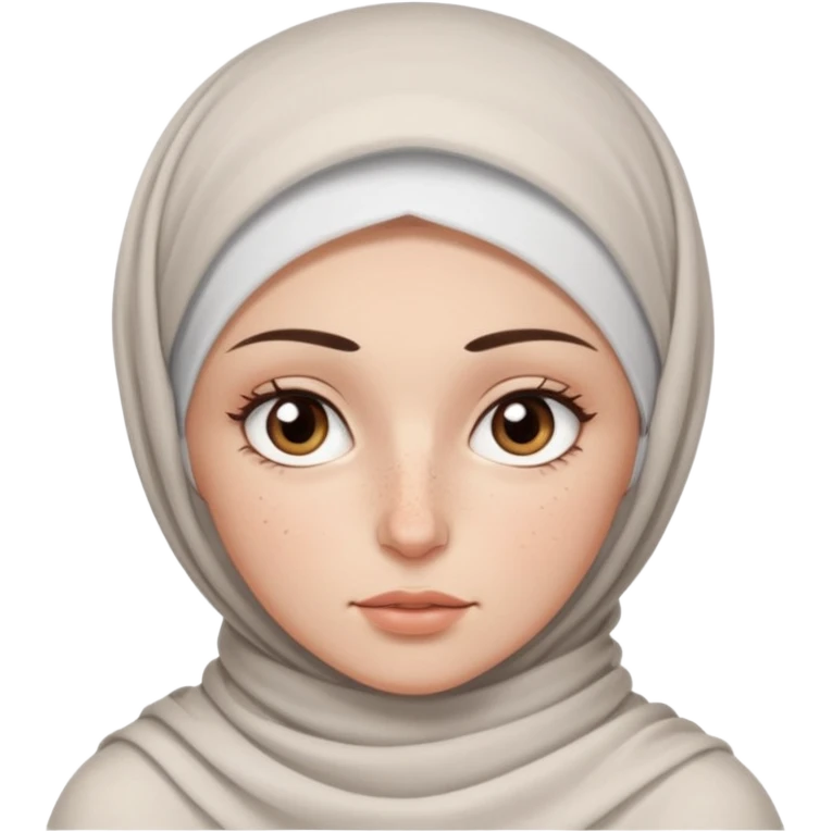 white girl with freckles, long eyelashes, thin lips, thin dark brown eyebrows, wide slightly sleepy eyes, wearing a white hijab emoji