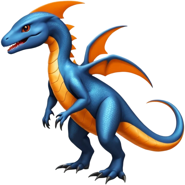 Shiny Black Koraidon-Latios-Salandit-Fakémon-hybrid-creature (full body) with orange belly emoji