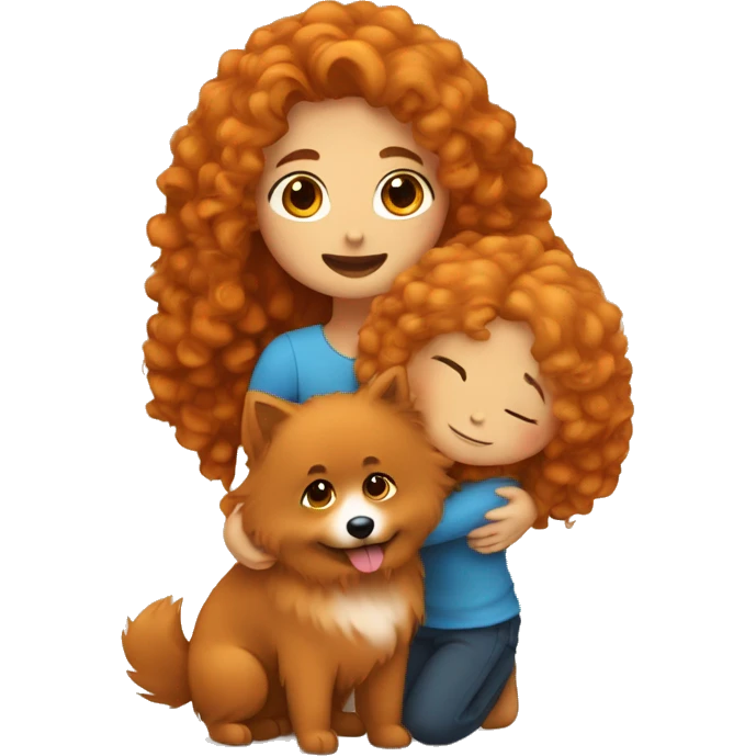 Girl with curly long brown hairs hugs orange spitz nain emoji