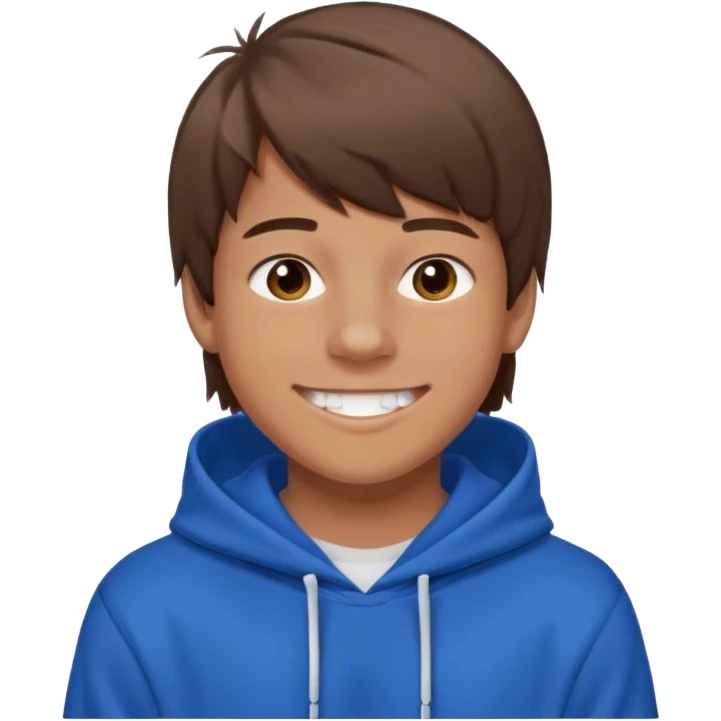 16 yr old boy, brown hair, straight, big smile, white teeth, tanned skin, bangs, hooded sweatshirt emoji