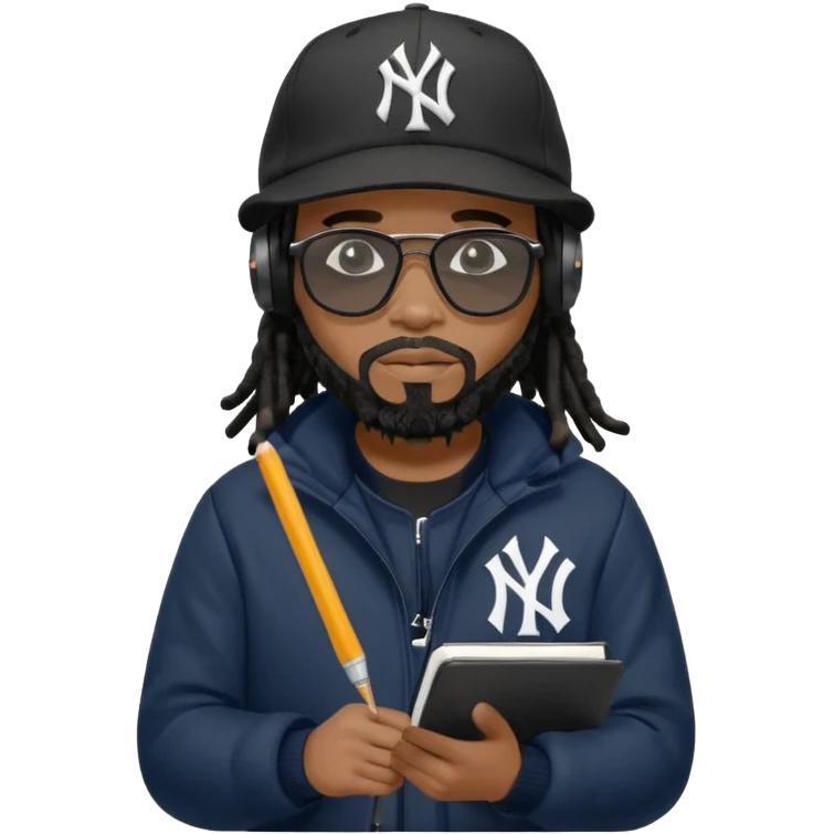 African American man with shoulder length black dreadlocks with black beard wearing black sunglasses wearing a black New York Yankees logo baseball cap wearing a black bubble winter coat wearing headphones writing in notebook emoji