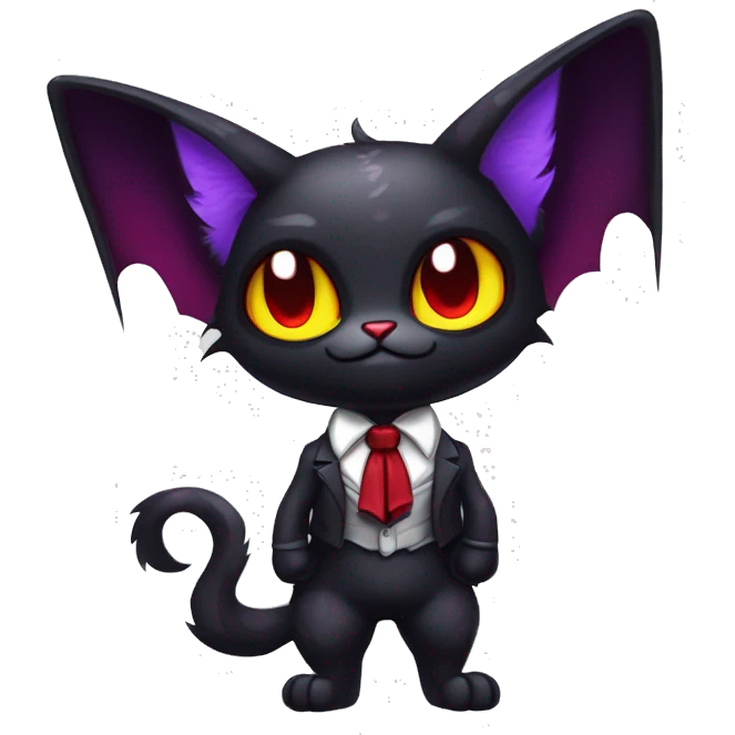 Cute-Evil-Vampiric-Batty-Cat-Black-Purple-Red-Yellow-Contrast-Colors-Fantasy-Fur-Sona-Chibi-Shiny-Fakémon-Hybrid with horns and big fangs neck bow white tie leg spats full body emoji