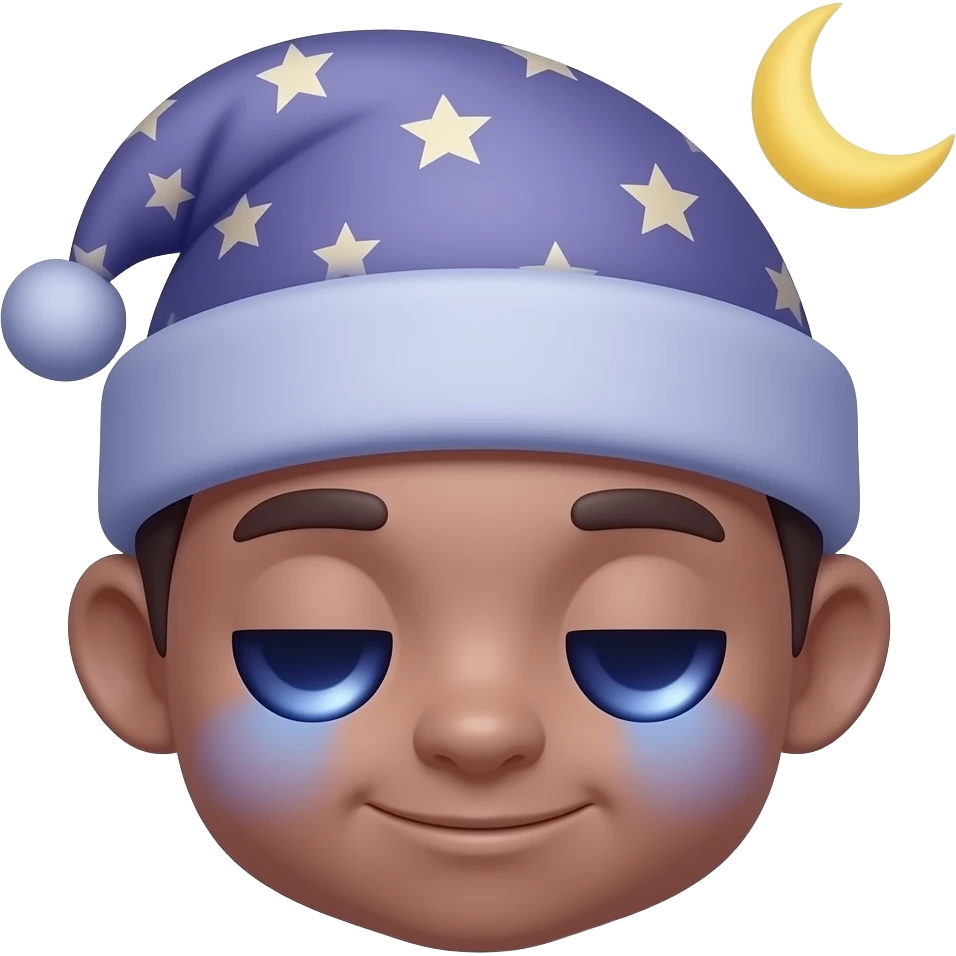 Nightcap: 3D emoji style, glossy surface, soft shadows, white background, centered, no text, cute character wearing a nightcap hat, sleepy but cool expression, crescent moon nearby, deep purple and navy, no defined gender emoji