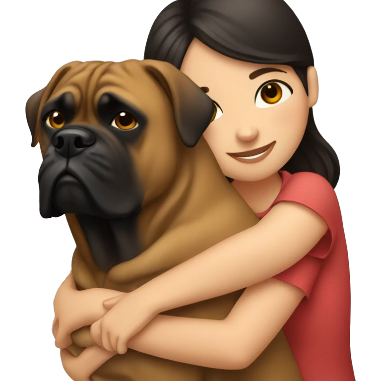 A girl with dark hair hugs a bullmastiff emoji