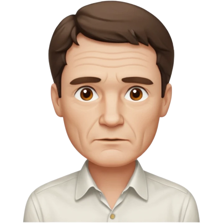 create an emoji of a man with wrinkles, square face. he has an English gentleman look, a few hairs at the chin no moustache with short wavy brown hair, brown eyes, pale skin, natural lips. he wears a white shirt emoji