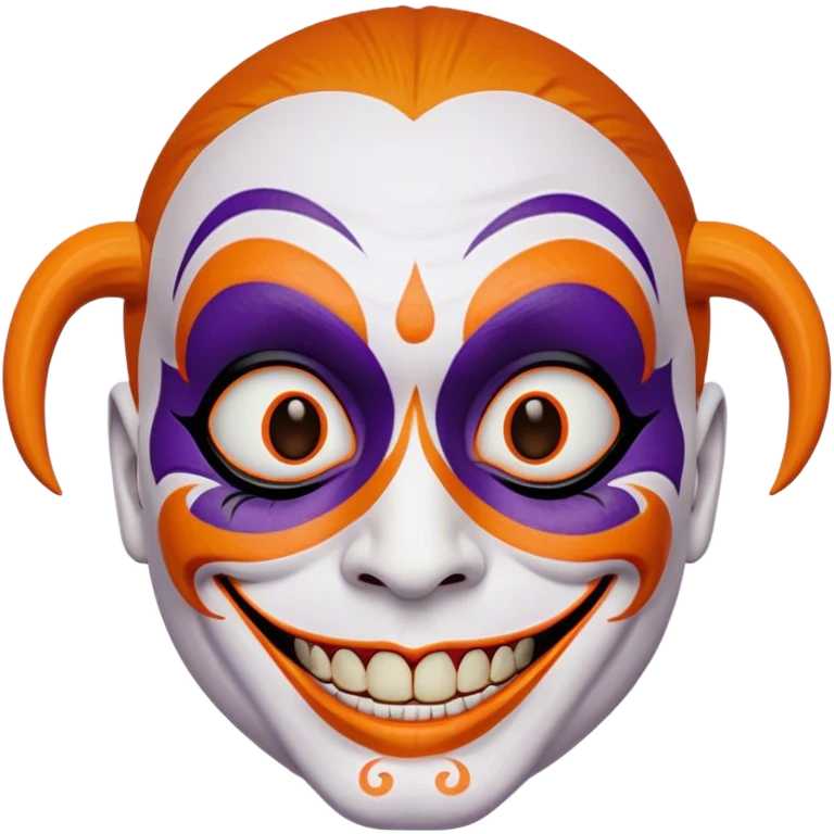 Juggalo smiley face that is Perfectly round and hairless with white skin with realistic human brown colored eyes and elaborate but symmetrical thin lined face paint from the top of the forehead down the sides of their chin to the bottom of their face that is orange outlined in dark purple, with an unrealistic anatomically impossible grin and look in their eyes that is menacing emoji