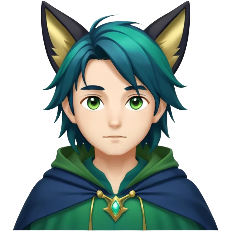 anime man with straight long dark-blue-black-gradient hair with light-green stripes in it, long black fox ears, hazel-gradient-brown-turquoise eyes, gold earring, dark-blue-sweater, green cape,  emoji