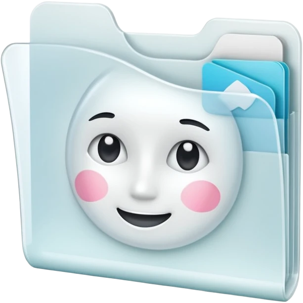 A simple emoji-style icon of a transparent white plastic folder, minimal and clean, with rounded corners, subtle translucency, soft shading, and a small self-care, skincare, routine documents symbol on the front emoji