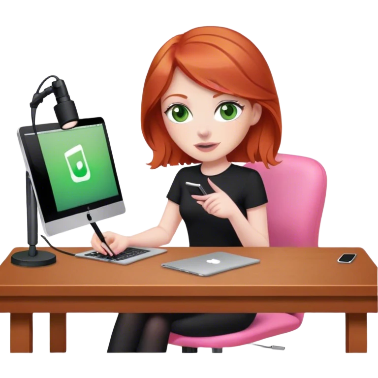 Redhead with green eyes sat at desk with pink MacBook and  podcast microphone black top and pink chair  emoji