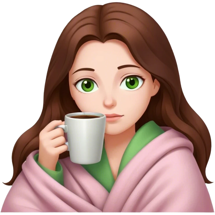 woman with very long brown hair and green eyes in a light pink blanket sleepy with coffee emoji