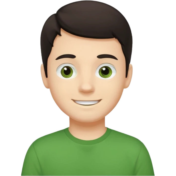 Um rapaz branco de olhos e cabelos escuros e camiseta verde emoji