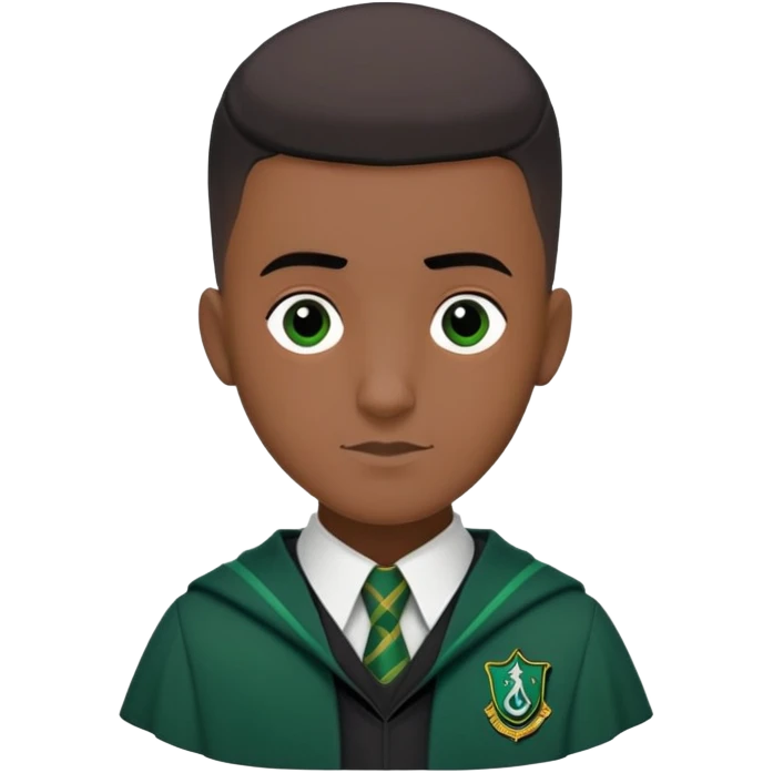 louis cordice is Blaise Zabini in harry potter, wear hogwarts slytherin uniform, Classic Buzz Cut hair, long face,thin, black skin emoji