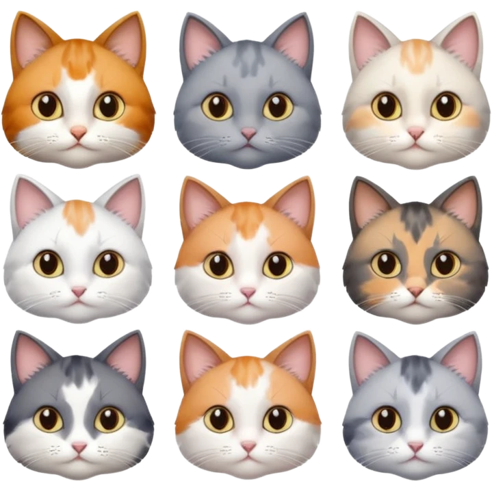 6 realistic looking cats with different natural coloured coats, assorted grey and white, greys, calico, brown and white colours etc
 emoji