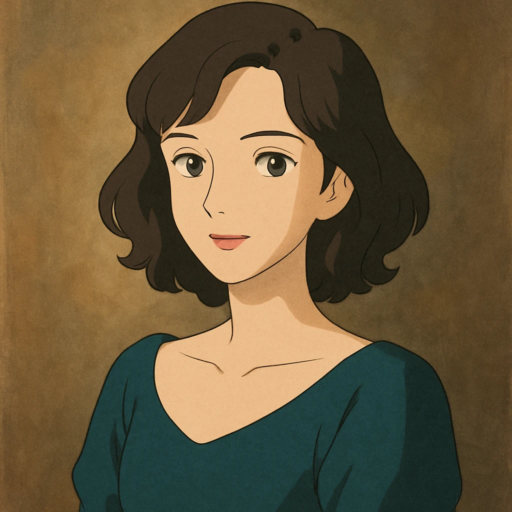 tasteful portrait of a brunette woman, soft lighting, elegant expression, color illustration, ghibli style emoji