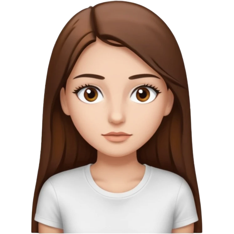 Chica de pelo liso ,largo clean look  y marrón con ojos color marrón  y una camiseta blanca y la piel blanca con pestañas y maquillada clean look  emoji