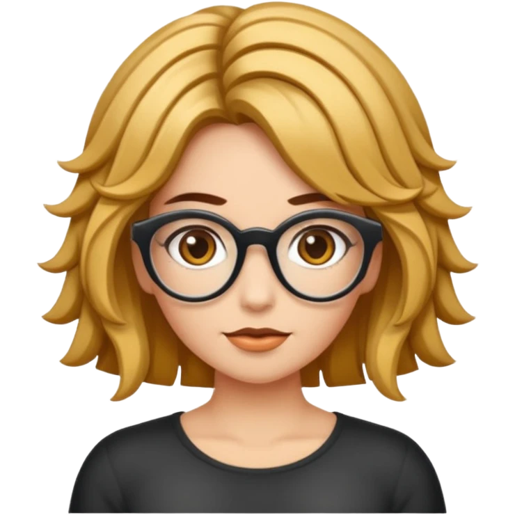 Uma garota de cabelos cacheados com mechas loiras, com pele morena clara e óculos emoji