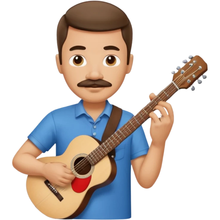 man with mustache and short hair playing guitar, simple and clear, no background, Apple emoji style emoji