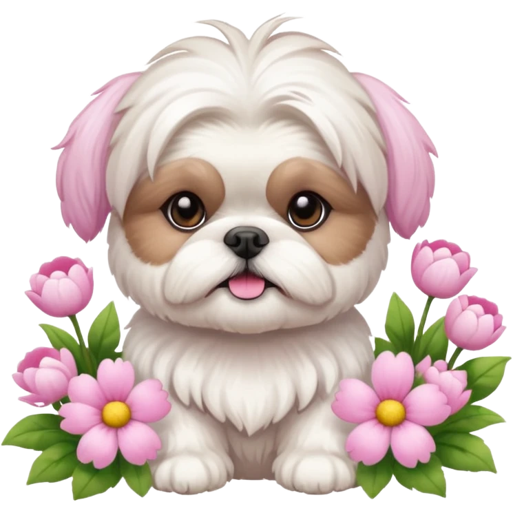 CUTE ALL WHITE SHIH TZU WEARING PINK WITH SPRING FLOWERS emoji