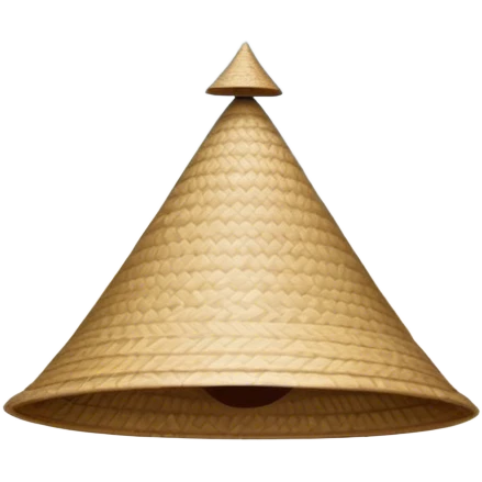 Cinematic Realistic image of an iconic conical hat (Nón Lá), rendered with detailed textures and subtle natural hues, set against a serene rural Vietnamese landscape with gentle, diffused lighting emoji
