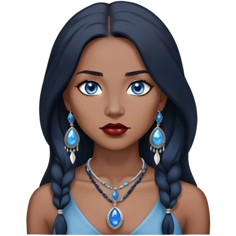 woman katara native american blue eyes dark skin freckles dark black long hair reddish lipstick necklace with sapphire pendant emoji