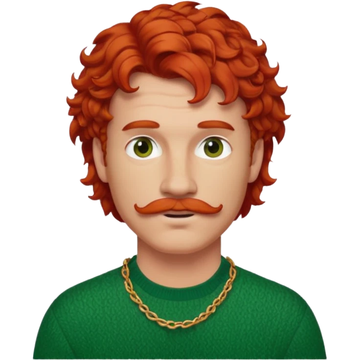 handsome red-haired man with curly mullet and mustache, green sweater, red necklace emoji