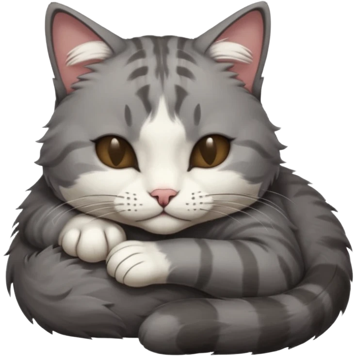 dark grey and white small cat with closed eyes, leaning his head on his paw while leaning on his elbow lying down emoji