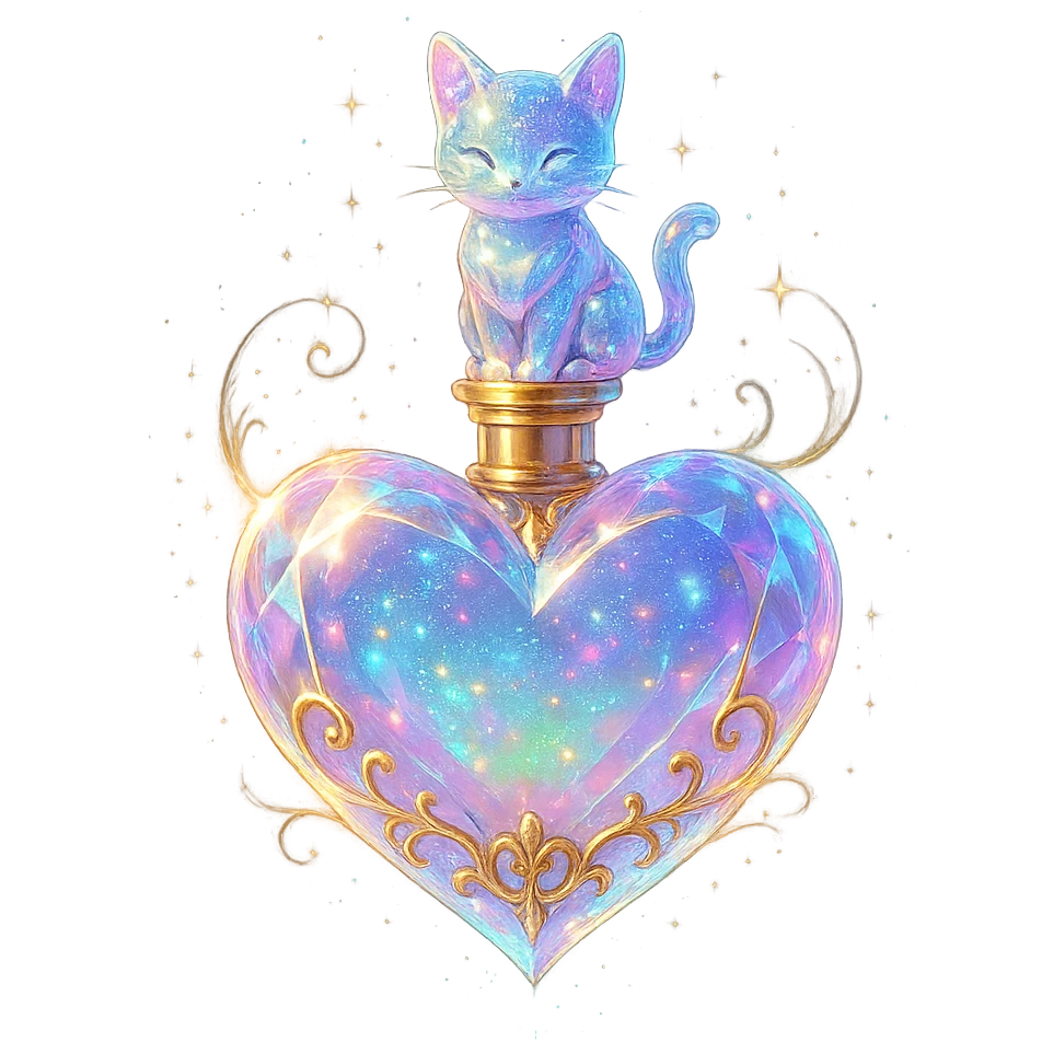 luxurious crystal elixir bottle in heart shape, pastel gradient, lots of glow, edges, ornaments, golden details, magical effects, very small golden neck, transparent background, beautiful merging bottom, clearly floating in air, no base or shadow, premium class impression, small cat sitting on top, design matching crystal, luxurious, magical bottle collection emoji