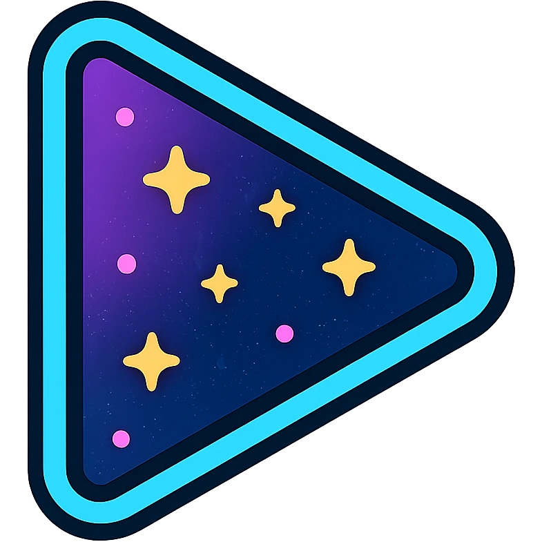 play icon, right-pointing triangle filled with purple and dark blue nebula, small bright stars, neon cyan or pink glowing border emoji