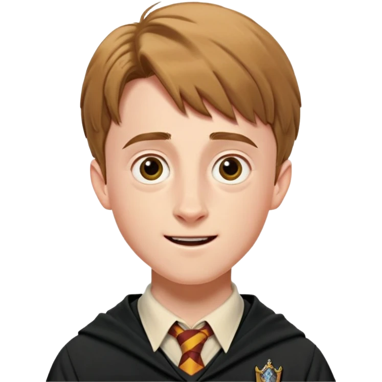 Hugh Mitchell is colin creevey in harry potter, wear hogwarts uniform,  Short light brown hair, small and skinny, with a perpetual look of excitement on his face. emoji